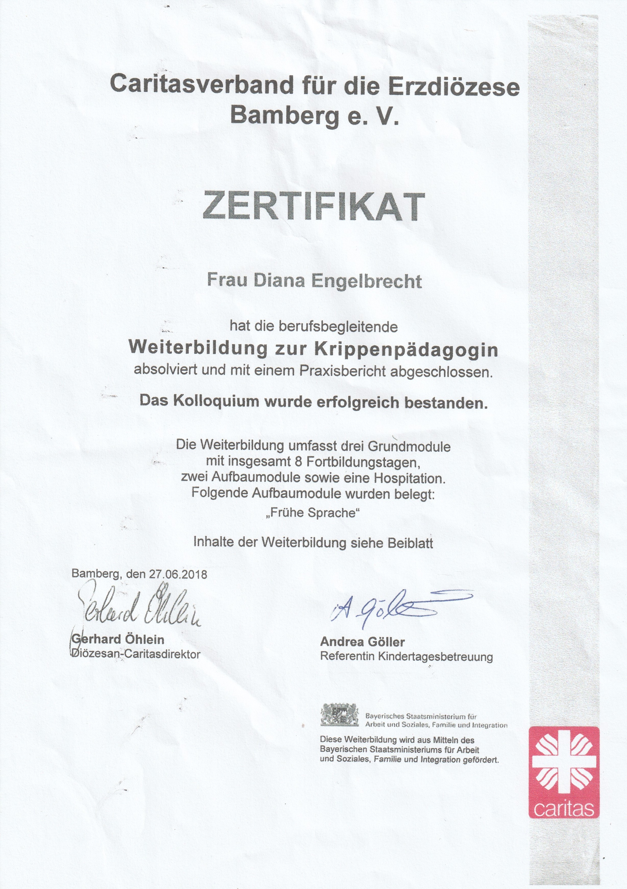Zertifikat 'Weiterbildung zur Krippenpädagogin'